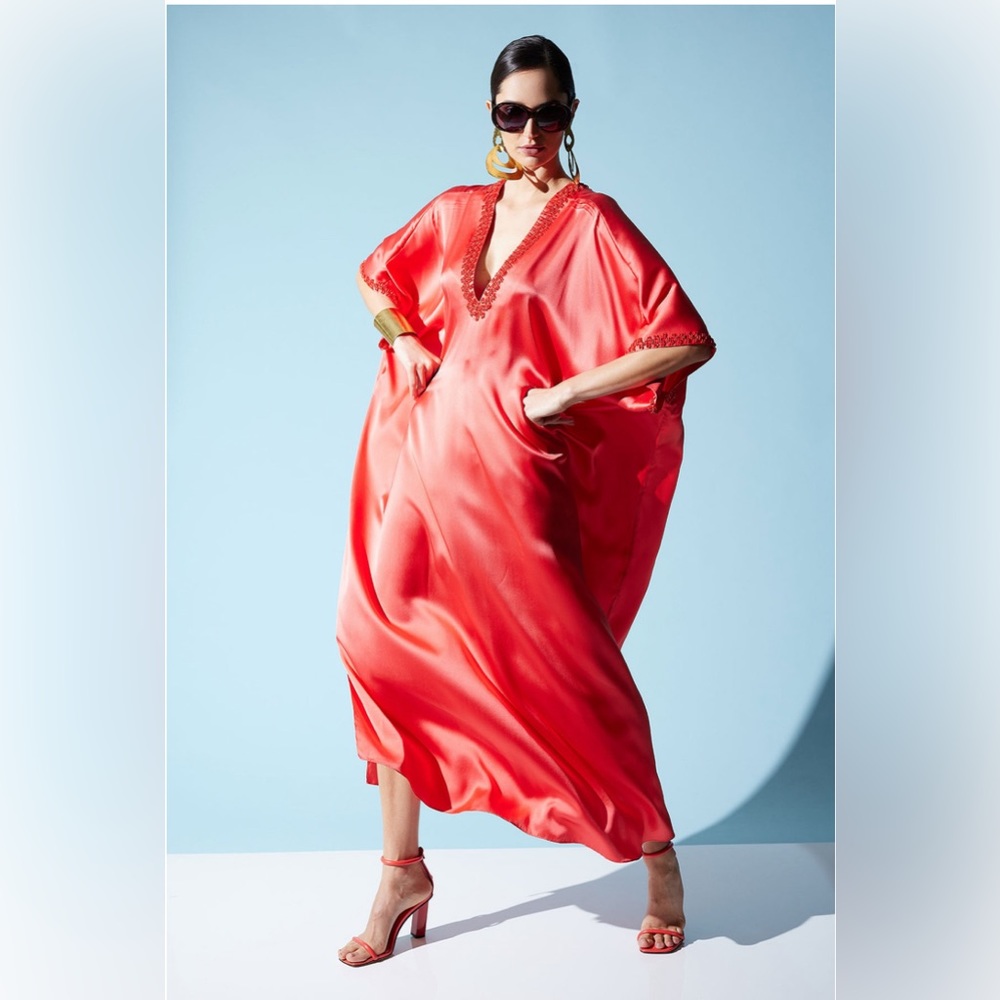 Josie Natori Silk Cocoon Caftan with Embroidery